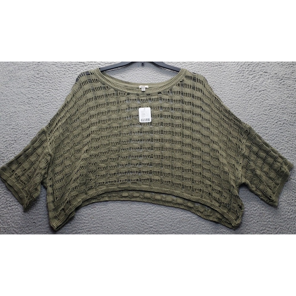 Ecote Cropped Sweater Women Large Green Crochet Open knit Ladder Cobweb Pullover